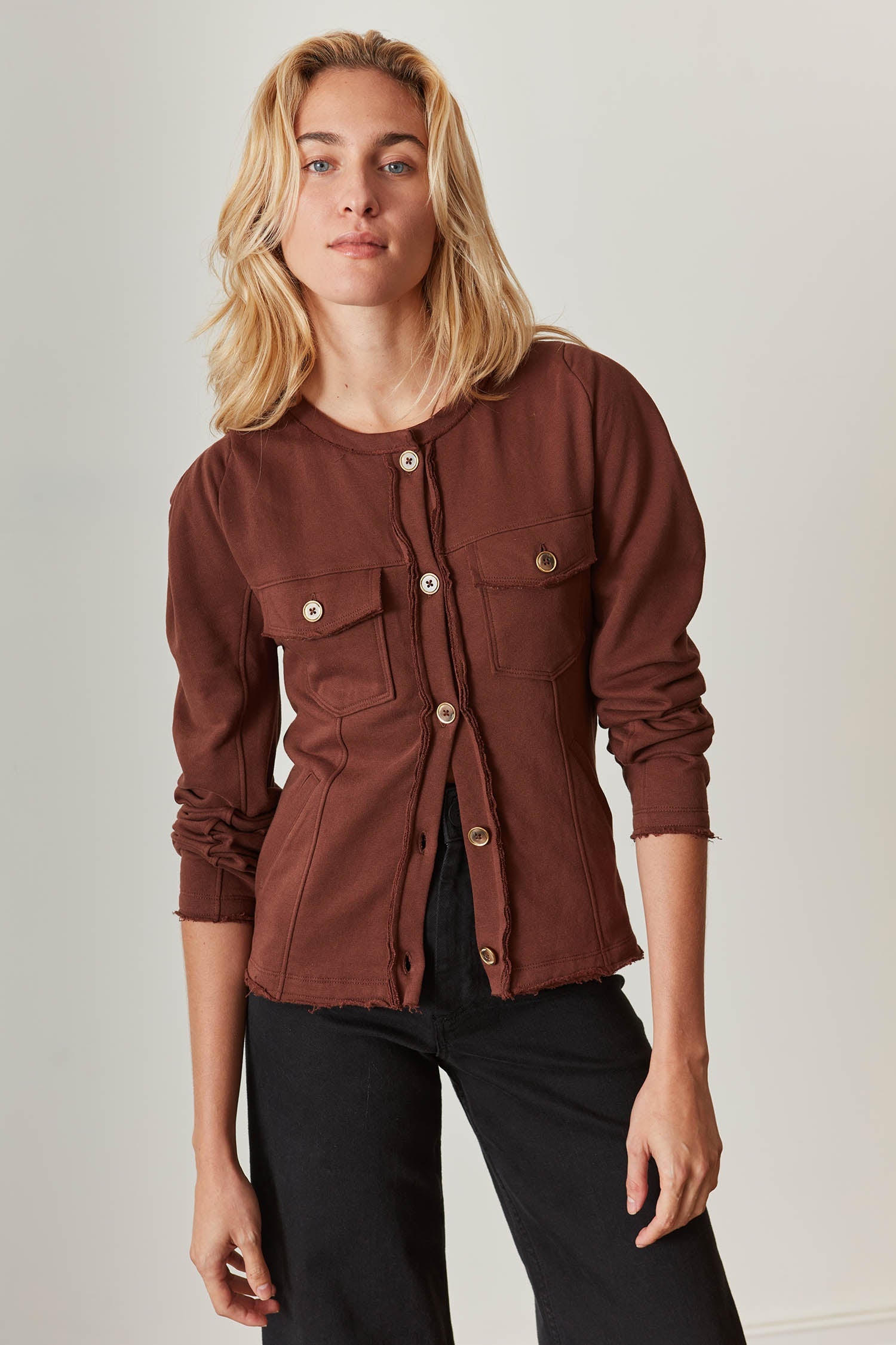 sustainable fashion brand celine inspired cardi jacket in brown
