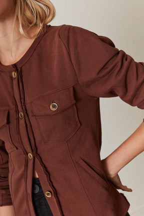 eco conscious fashion brown cardi jacket with gold buttons