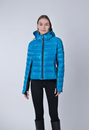 blue fitted short puffer jacket with hood