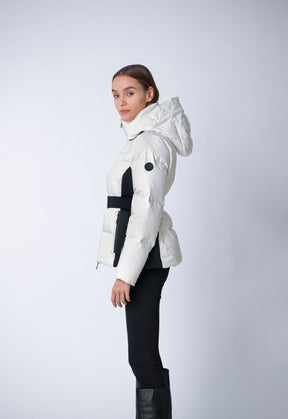 white and black short puffer coat made from sustainable materials