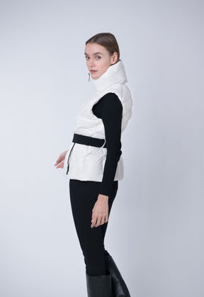 white and black contrast belted puffer vest
