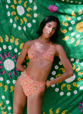 eco friendly swimwear high rise bikini bottom french cut orange floral print