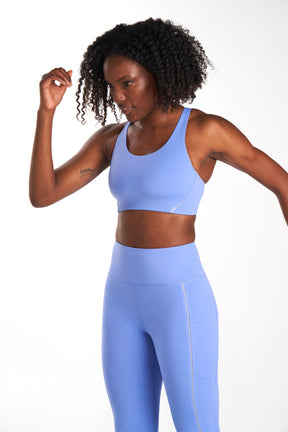 Racerback eco-friendly athletic lounge bra mid support in color iris (periwinkle)