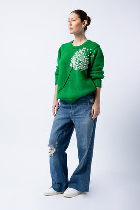 virgin wool sweater green hand embroidered pullover