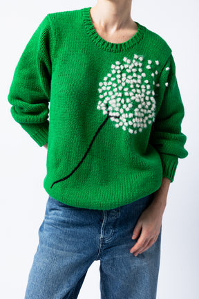 wool pullover sweater hand embroidered green floral print