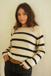 cream and black striped sustainable cotton crewneck sweater