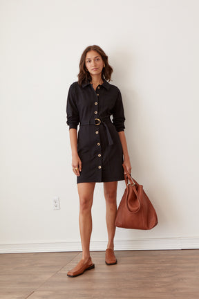cotton button down belted mini dress