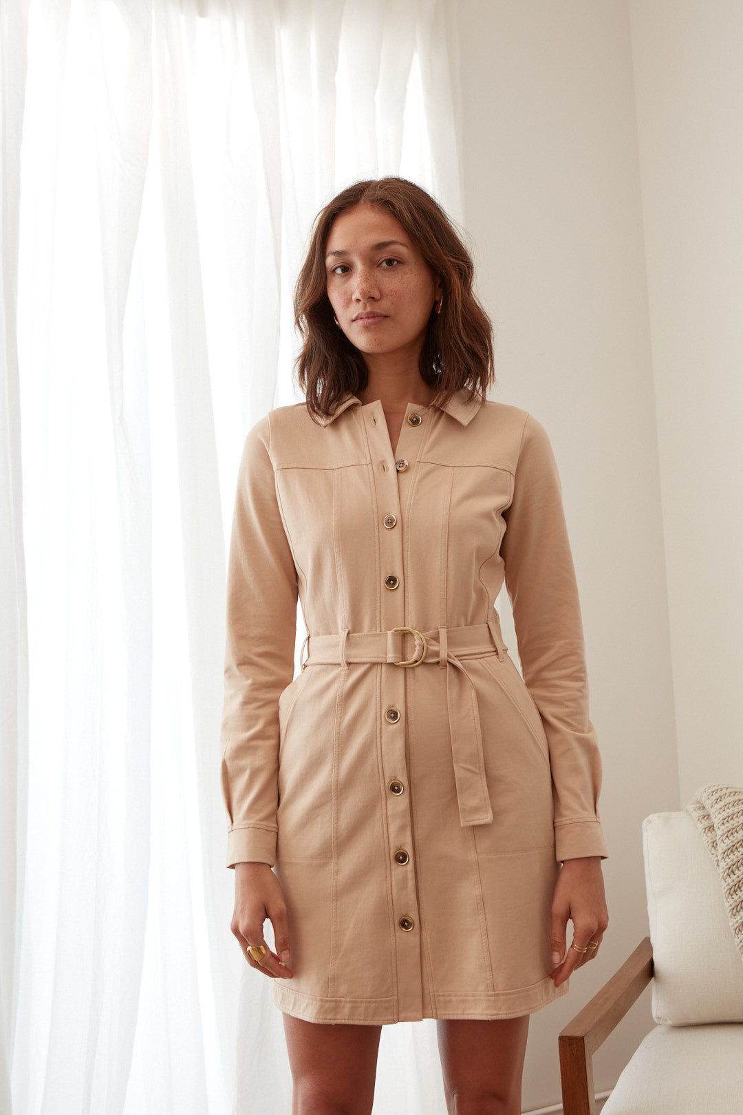back to work fall dress cotton button down in tan