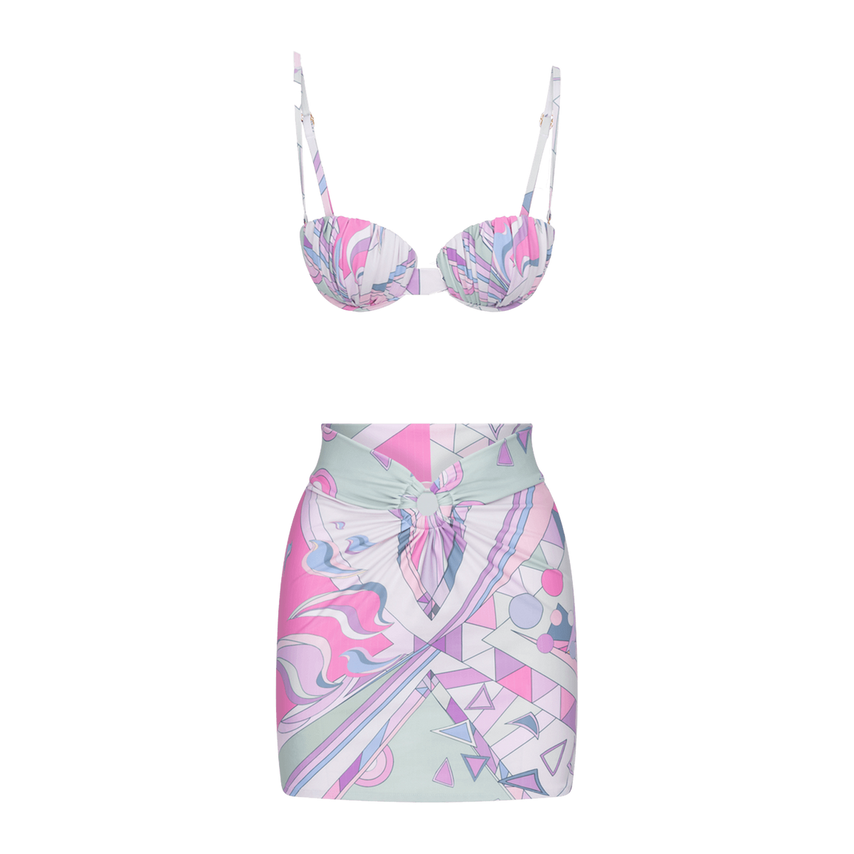 pucci inspired abstract print in bikini top and mini skirt set