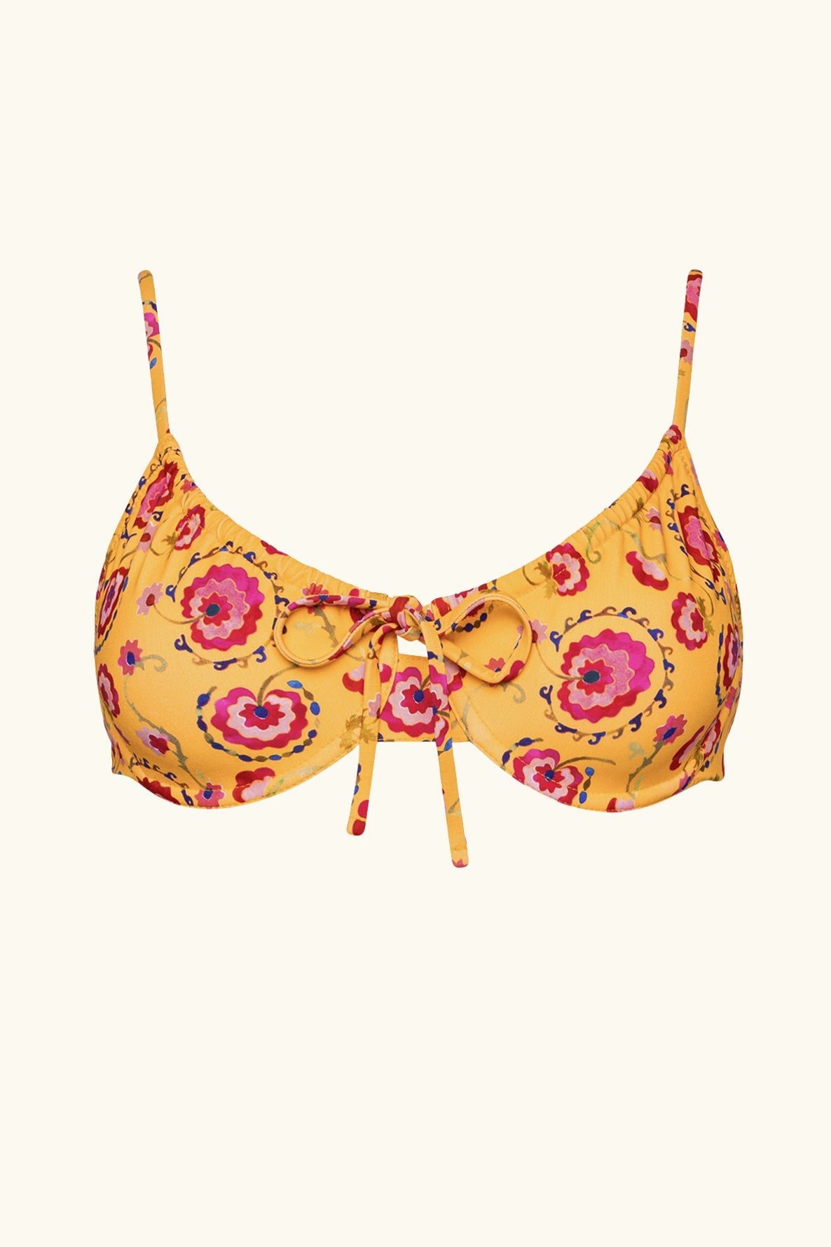 sustainable swimwear 90s inspired yellow paisley bikini top