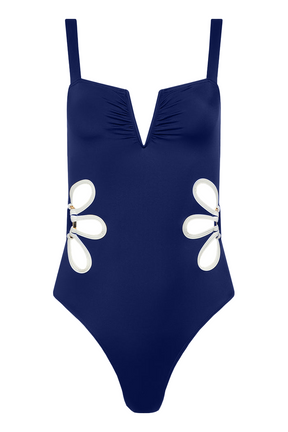 Navy blue one piece bathing suit with floral cut outs in Ivory trim