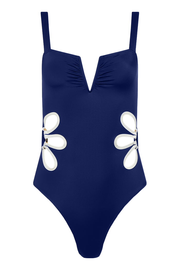Navy blue one piece bathing suit with floral cut outs in Ivory trim