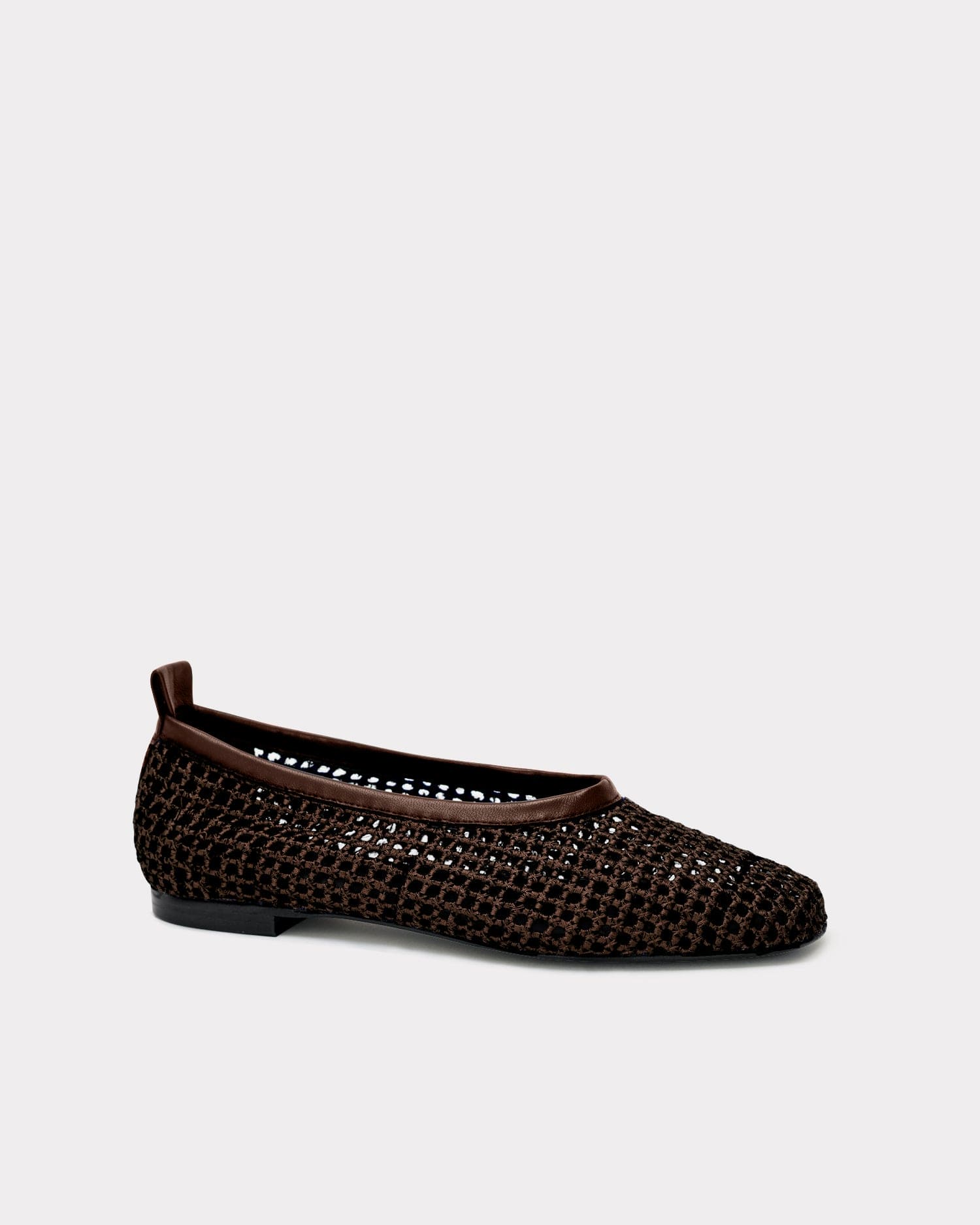 summer flats in woven chocolate brown leather