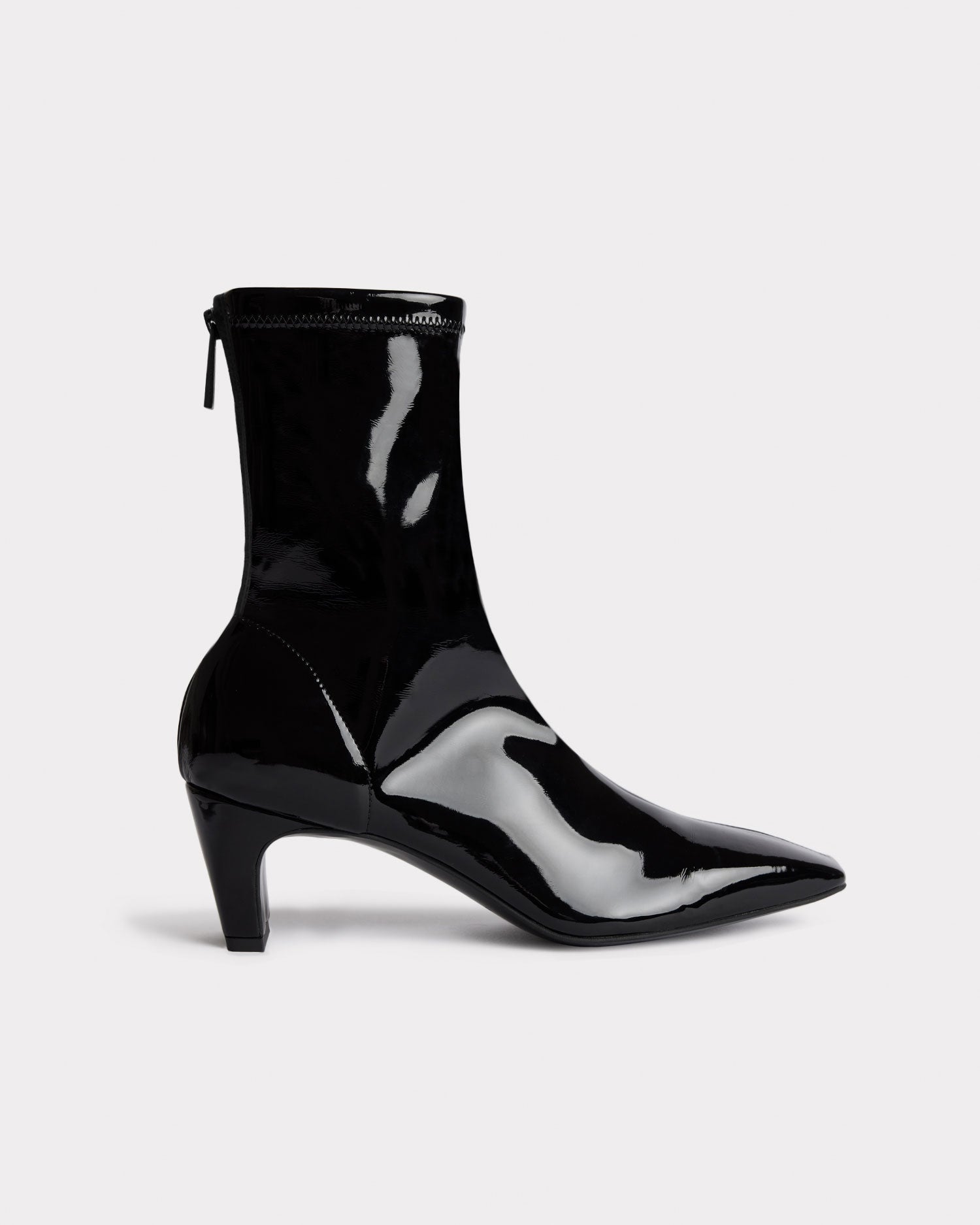 quiet luxury black patent leather ankle boot