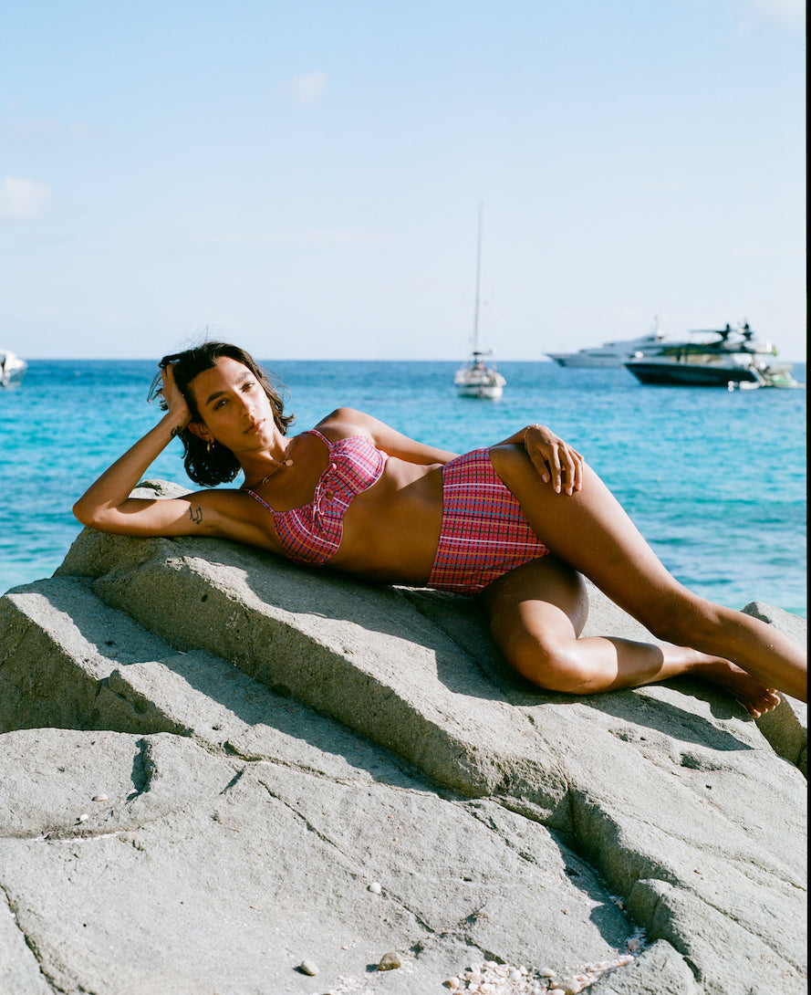 eco friendly bathing suit pink high rise bikini bottom