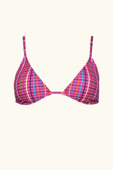 sustainable swimwear brand elevated triangle bikini top with ruched detail in pink stripe