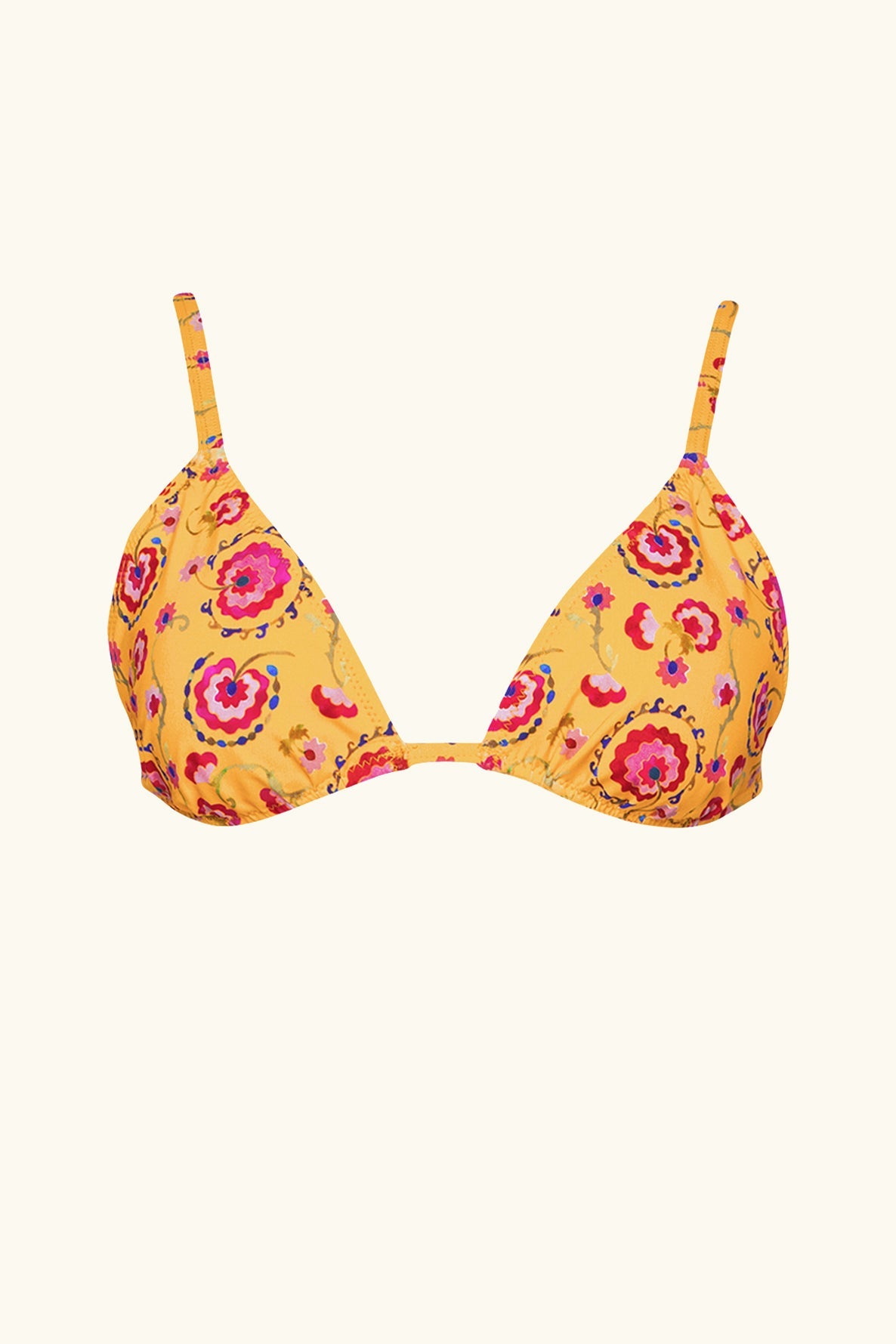 sustainable swimwear brand ruched triangle bikini top in yellow with pink flowers