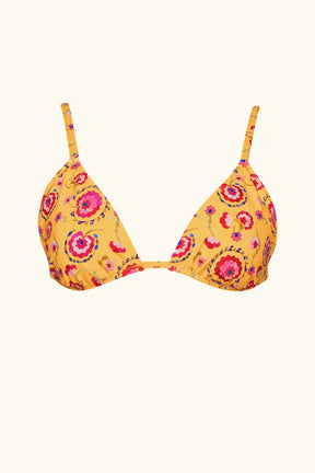 sustainable swimwear brand ruched triangle bikini top in yellow with pink flowers