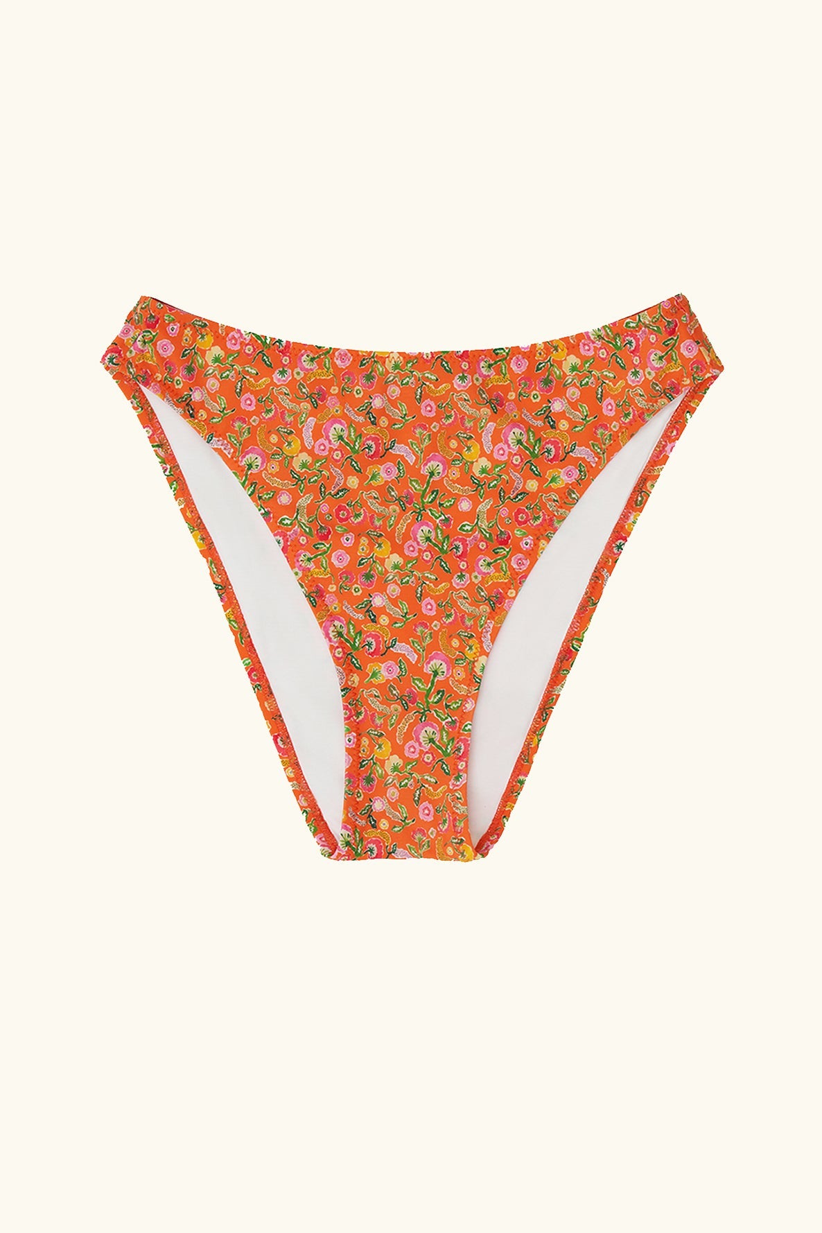 sustainable swimwear high rise french cut bikini bottom orange floral print