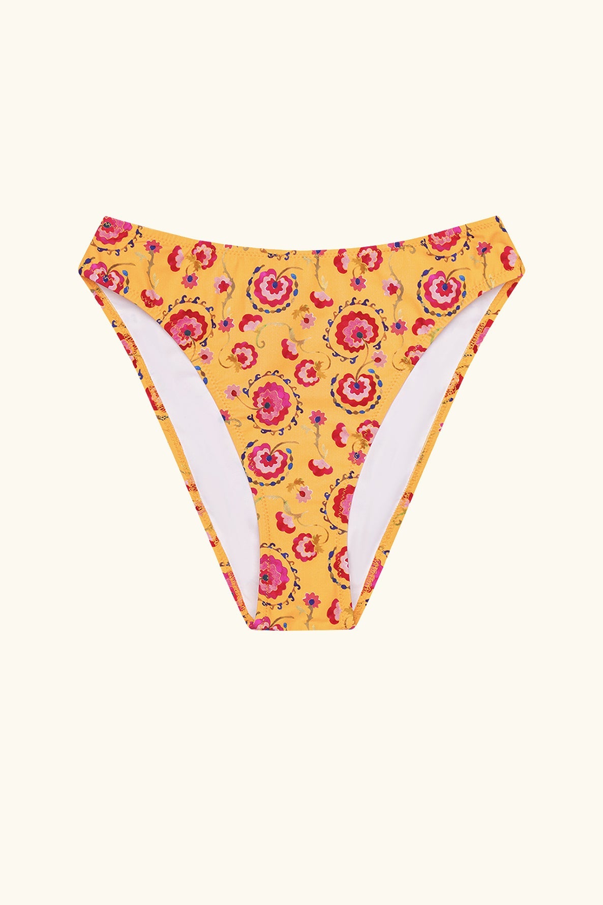slow fashion swimwear high rise bikini bottom yellow with pink floral print