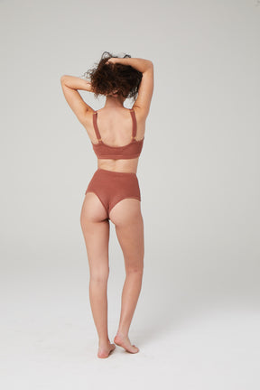 back view of high waisted cheeky panty in cinnamon color