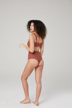 sustainable high waisted mesh cheeky panties in cinnamon color