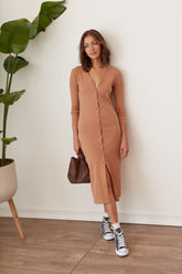 beige midi button up dress with long sleeves