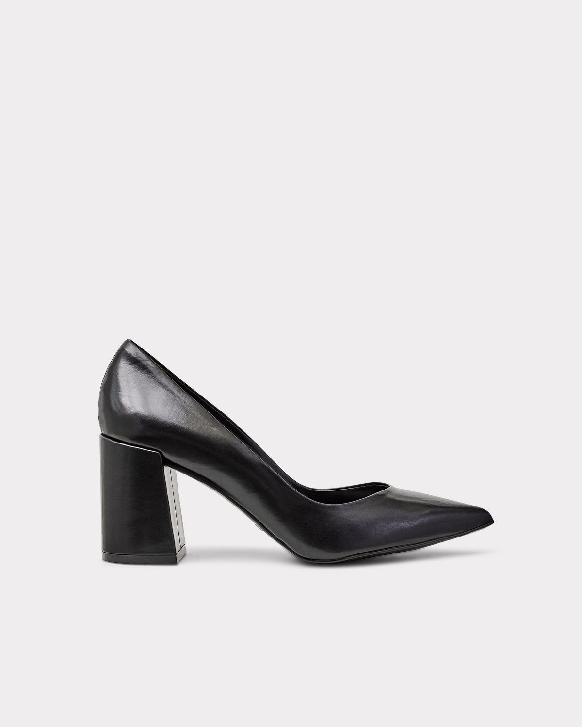 black leather pump with pointed toe and block heel