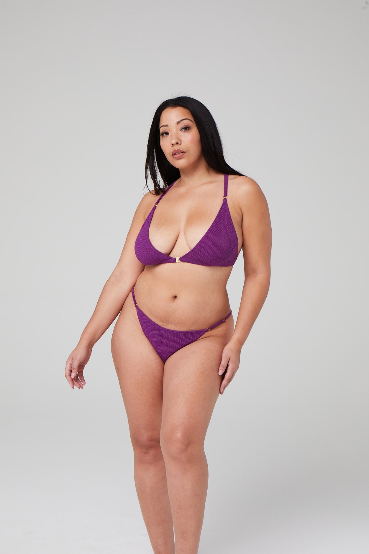 eco chic lingerie set in purple knit with bikini cut panties