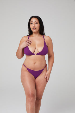 matching lingerie set with bikini cut panties in purple