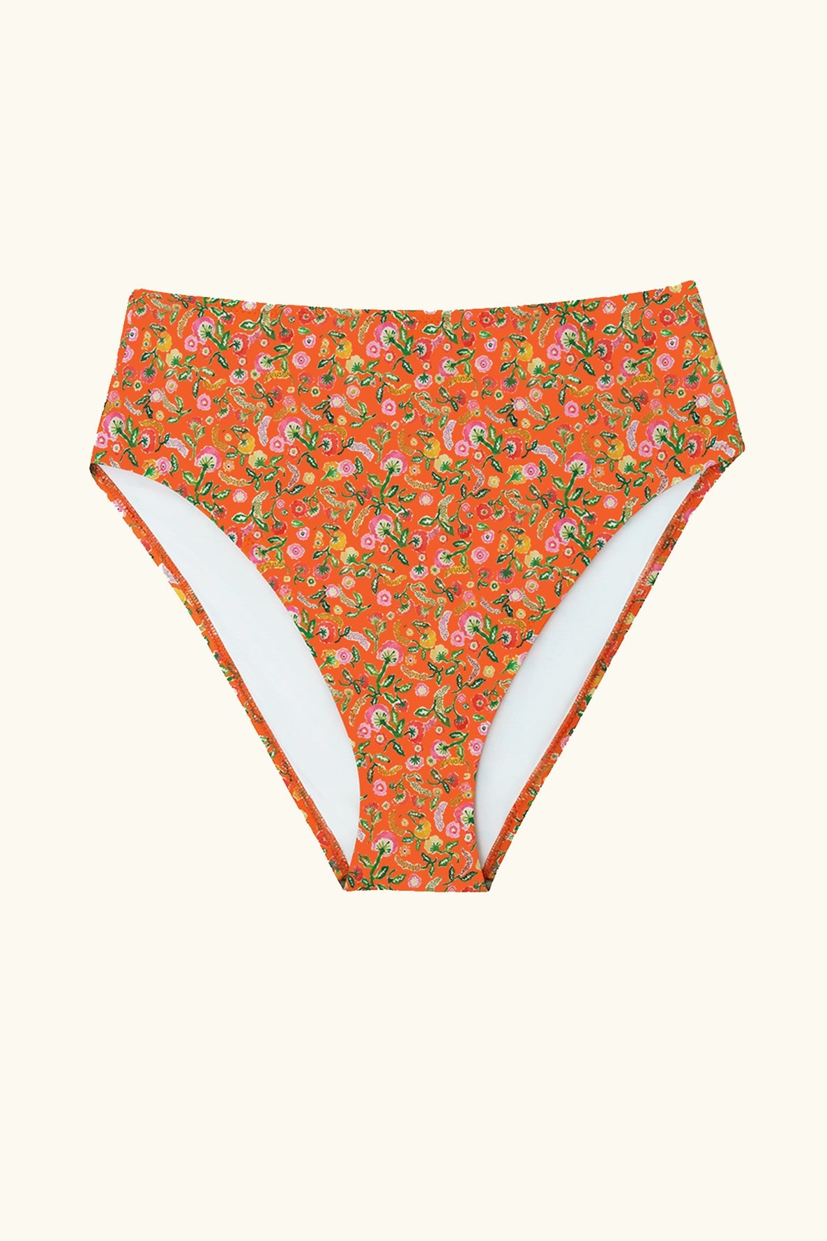 high waisted bikini bottom orange floral print swimsuit made from recycled materials