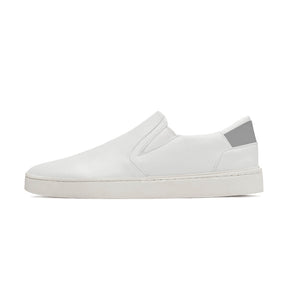 eco friendly slip ons in white with grey upper back heel