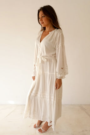sustainable rayon white long sleeve tiered maxi dress