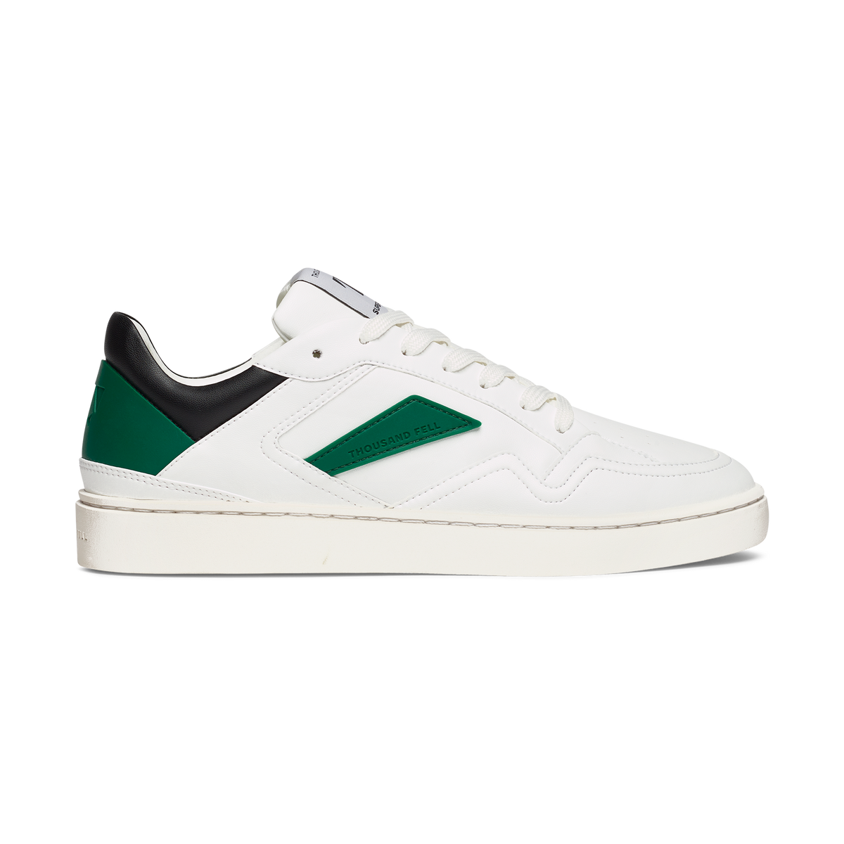 sustainable vegan sneaker with white upper and black and green details