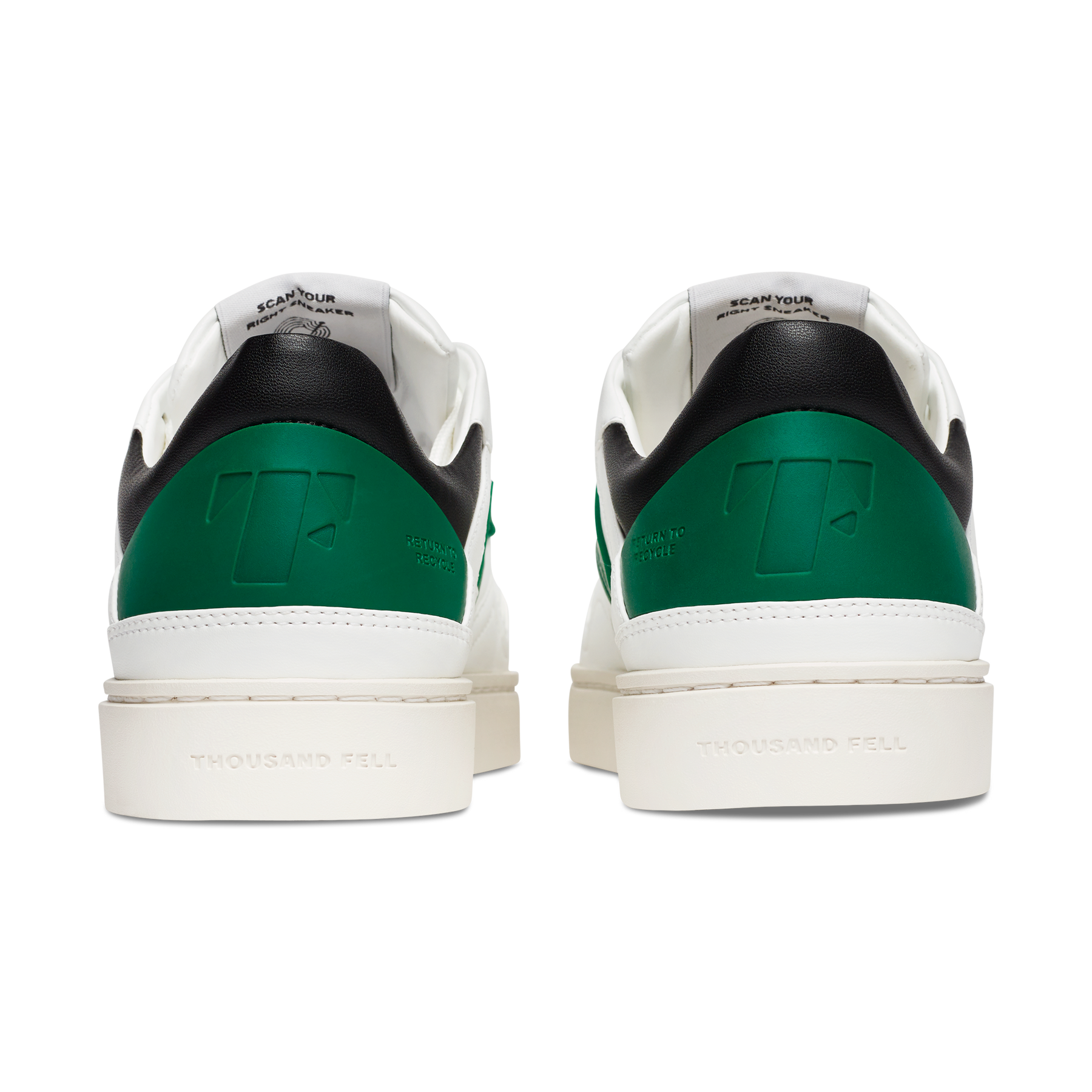 back view of white, black, and green sustainable sneakers made from recycled materials