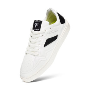 sustainable tennis shoes in white with black details