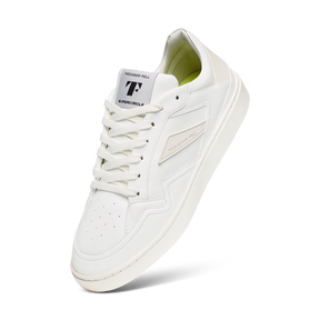 all white sustainable sneakers made from recycled materials 