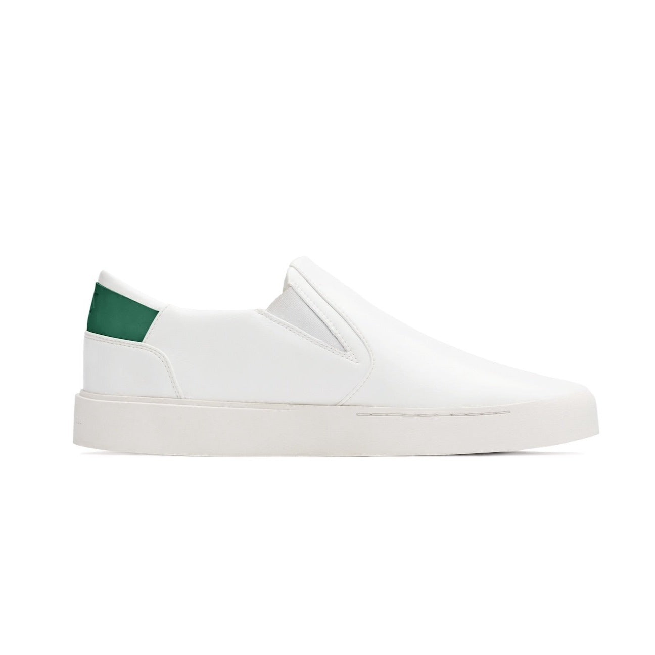 White eco friendly slip on sneaker with dark green upper back heel