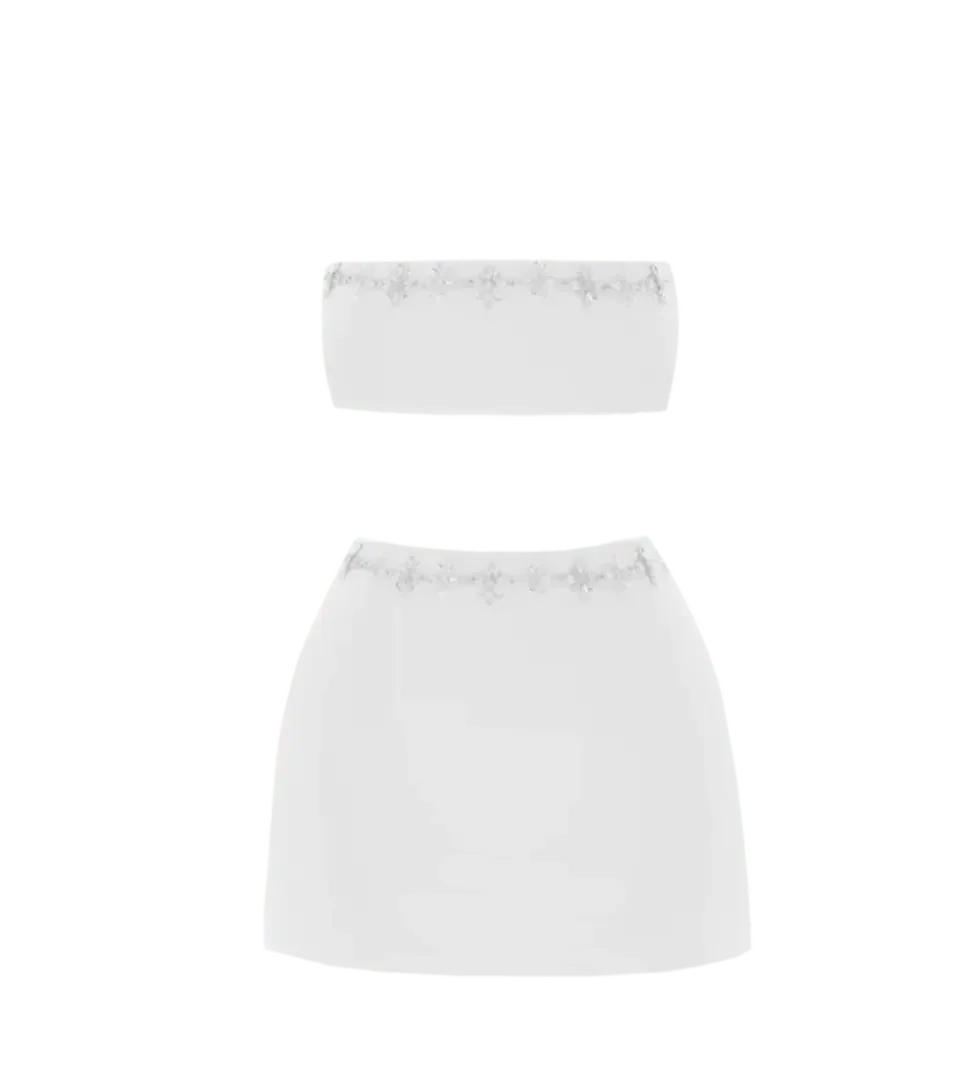 white bandeau and mini skirt co ord set