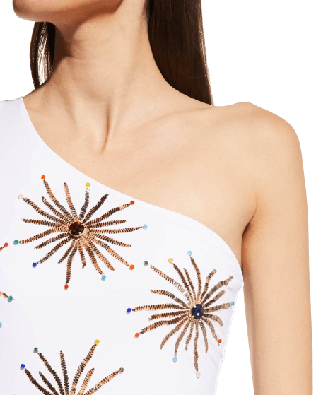 white hand embroidered swimsuit one shoulder bathing suit