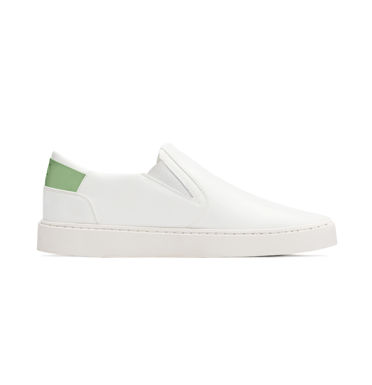 white sustainable slip on sneaker with green upper back heel detail