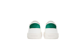 back view of dark green heel on white eco friendly sneakers slip ons