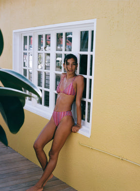 eco conscious swimwear high rise pink bikini bottom