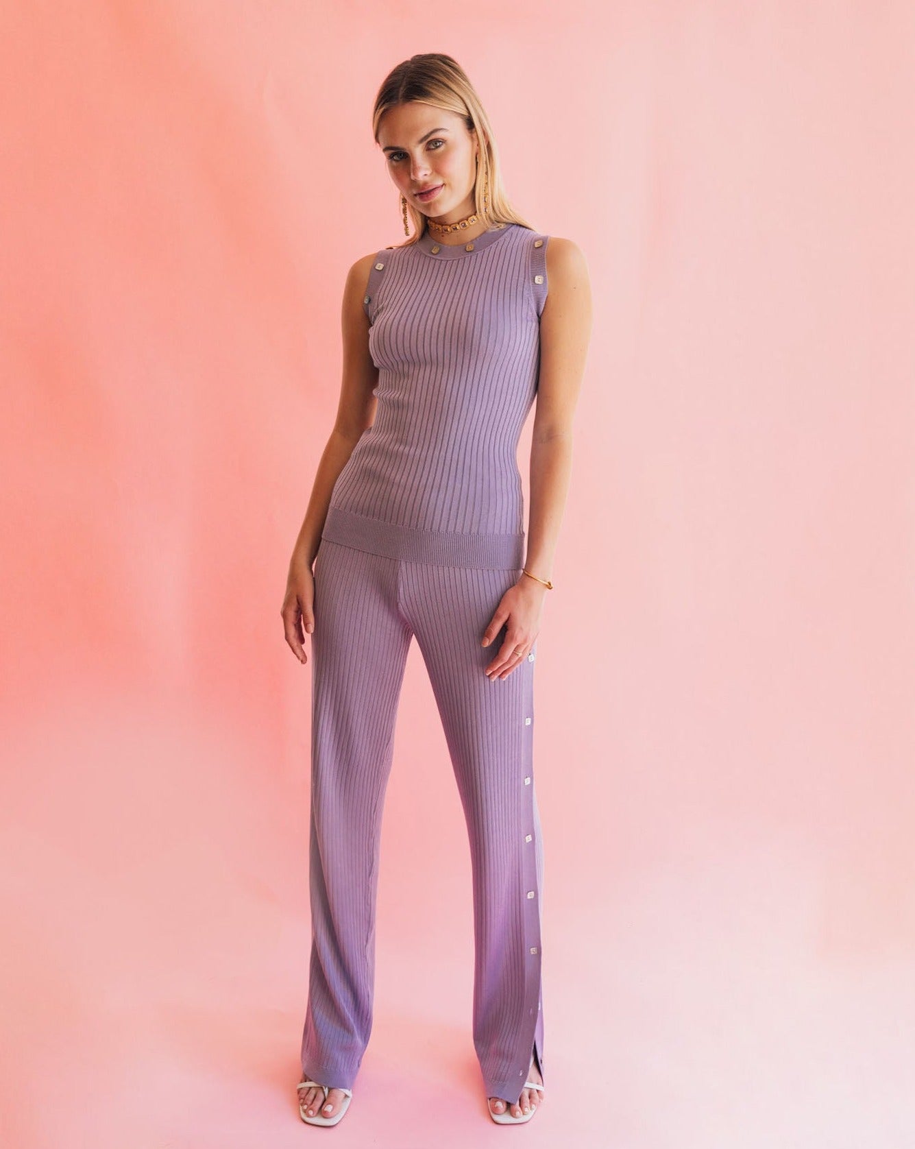 purple high waisted knit pants for spring
