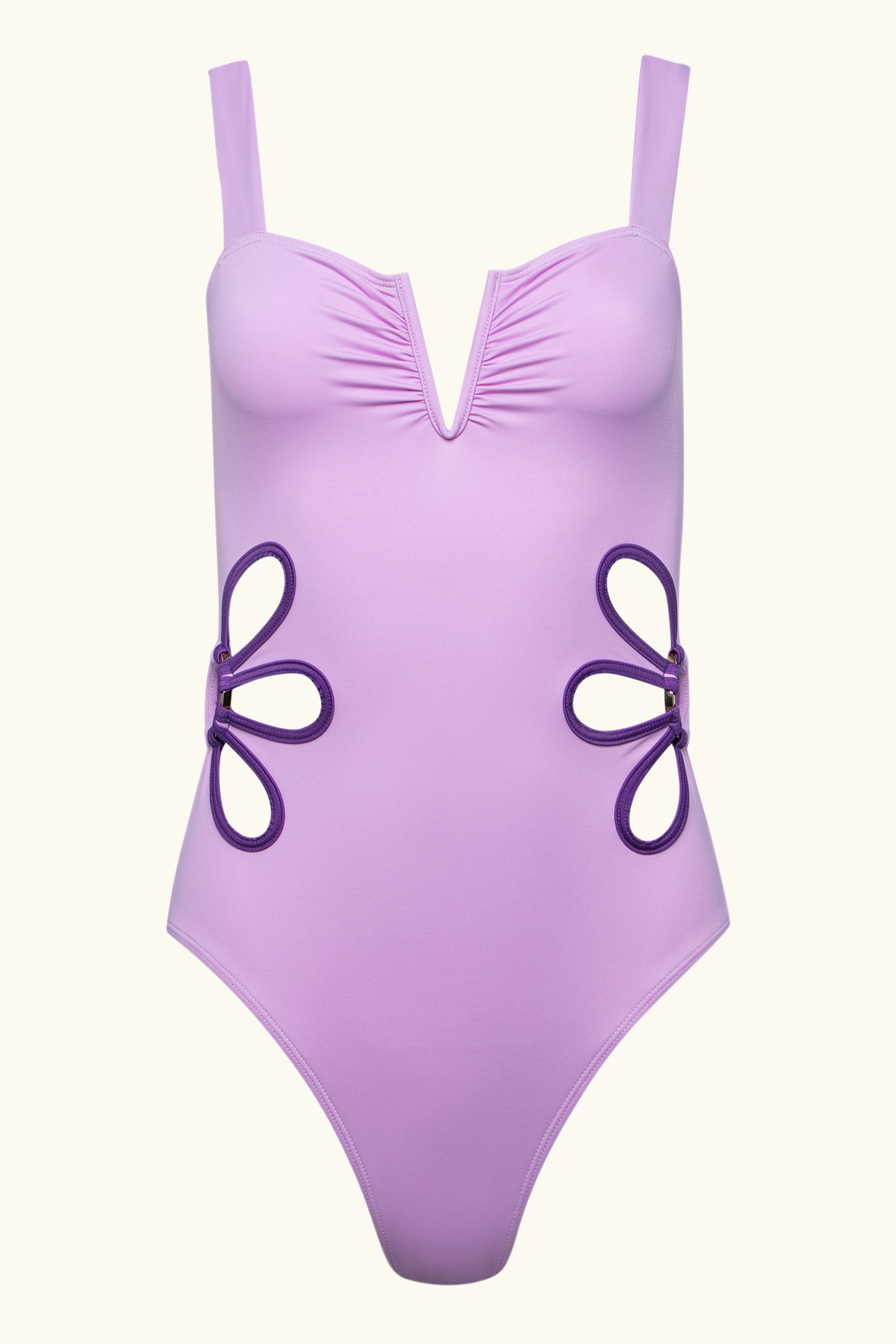 lilac purple one piece bathing suit flower cutouts 90s inspired swimwear