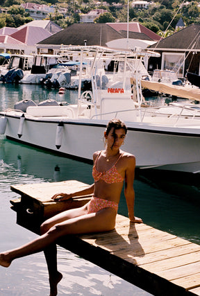 sustainable swimwear brand high rise bikini bottom orange floral print 