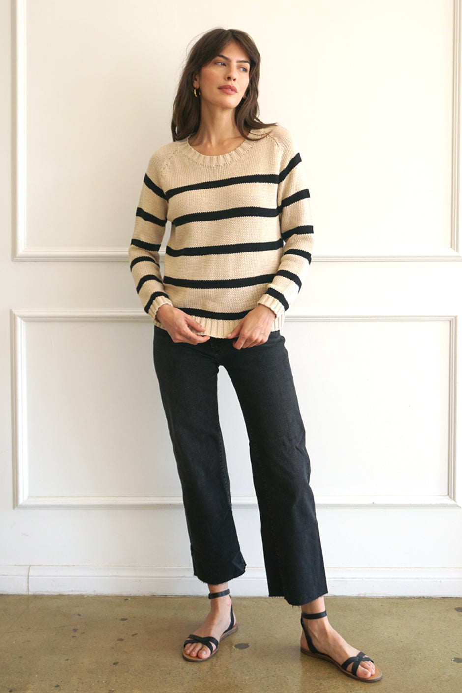 cream and black french striped cotton crewneck sweater