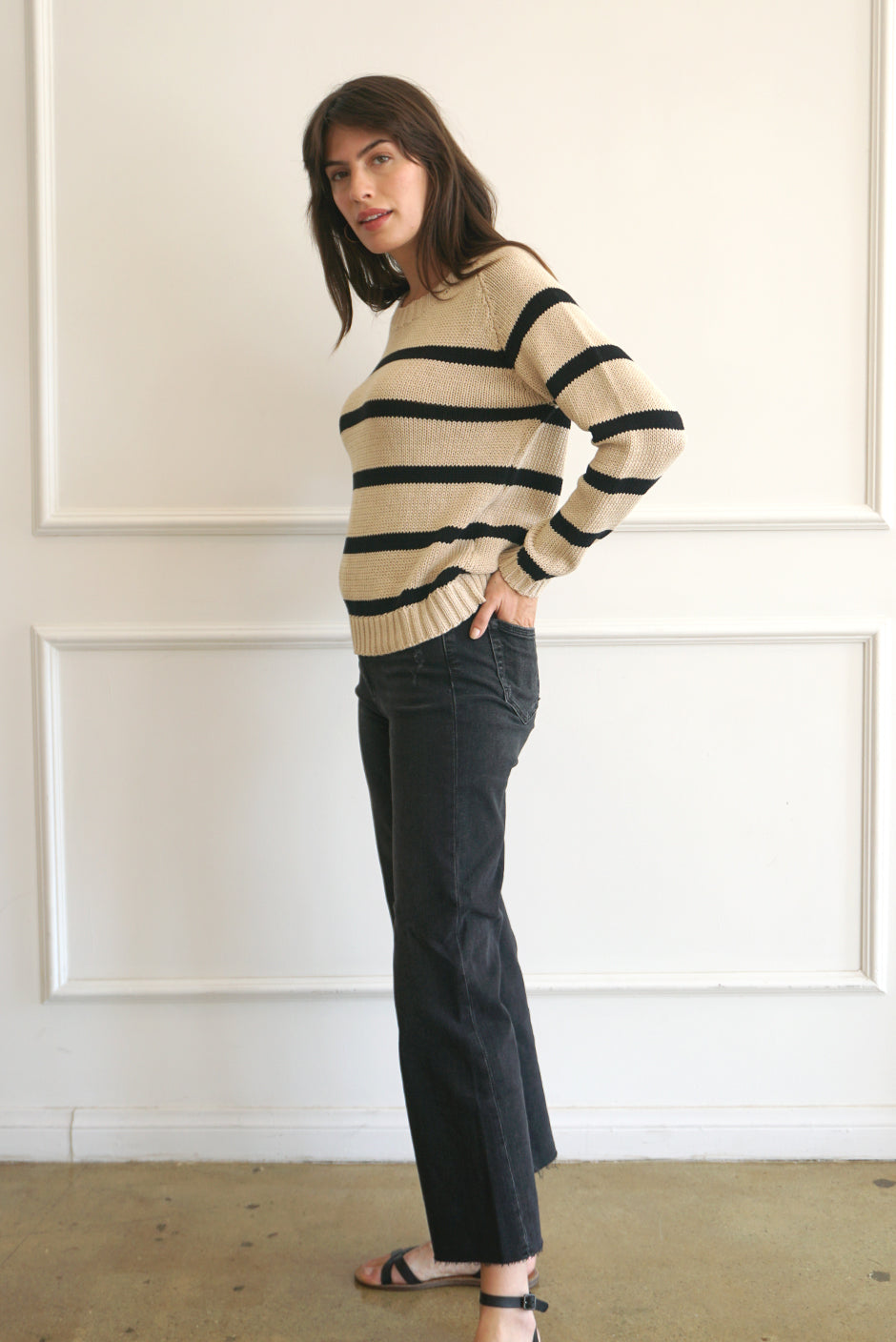 sustainable cotton cream and black striped pullover sweater