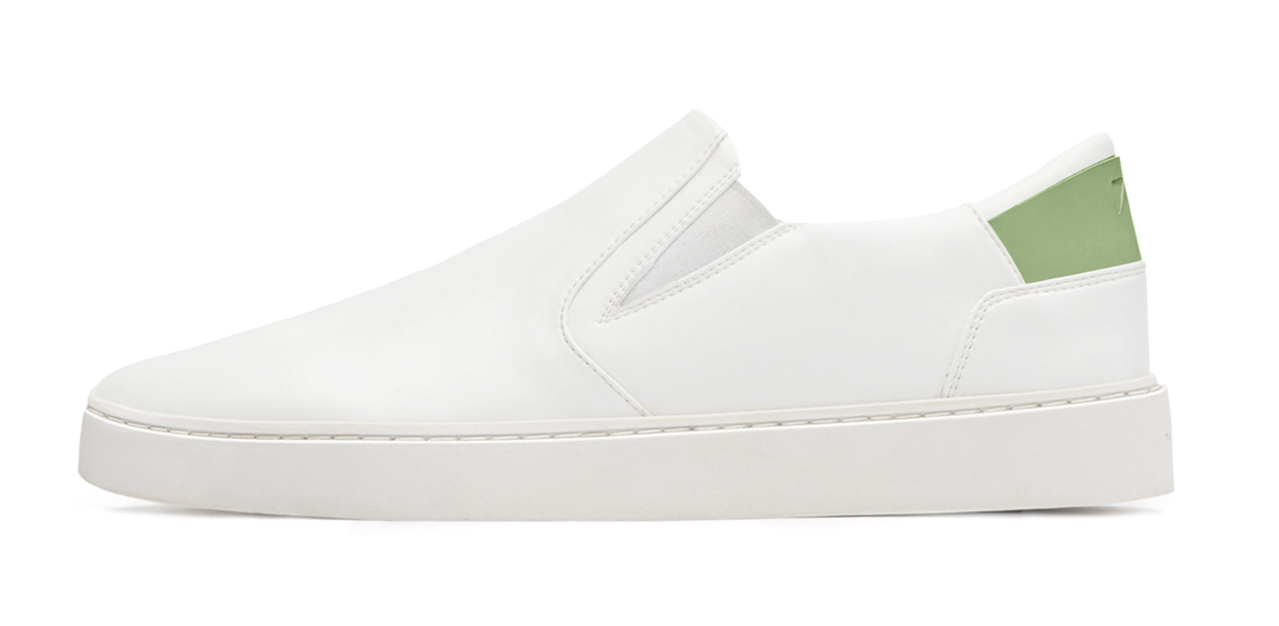 white eco conscious slip on sneakers with green detail
