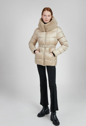 champagne colored cropped belted puffer with faux fur trim